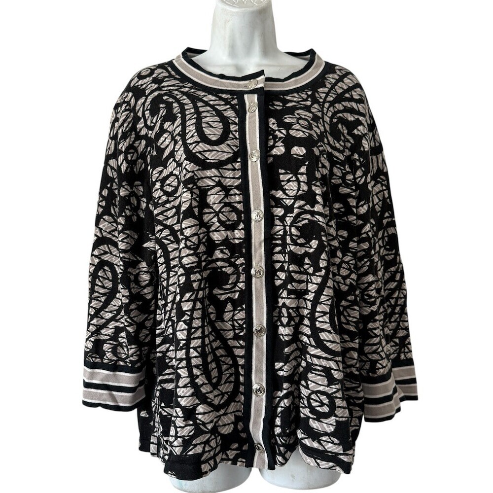 Bob Mackie Wearable Art Cardigan Sweater 1X Black Gray Abstract Classic Luxe